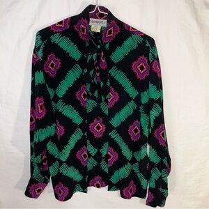 Vintage Ciaosport 100% Silk Blouse w/ Pussybow Tie Neck  - Size 8